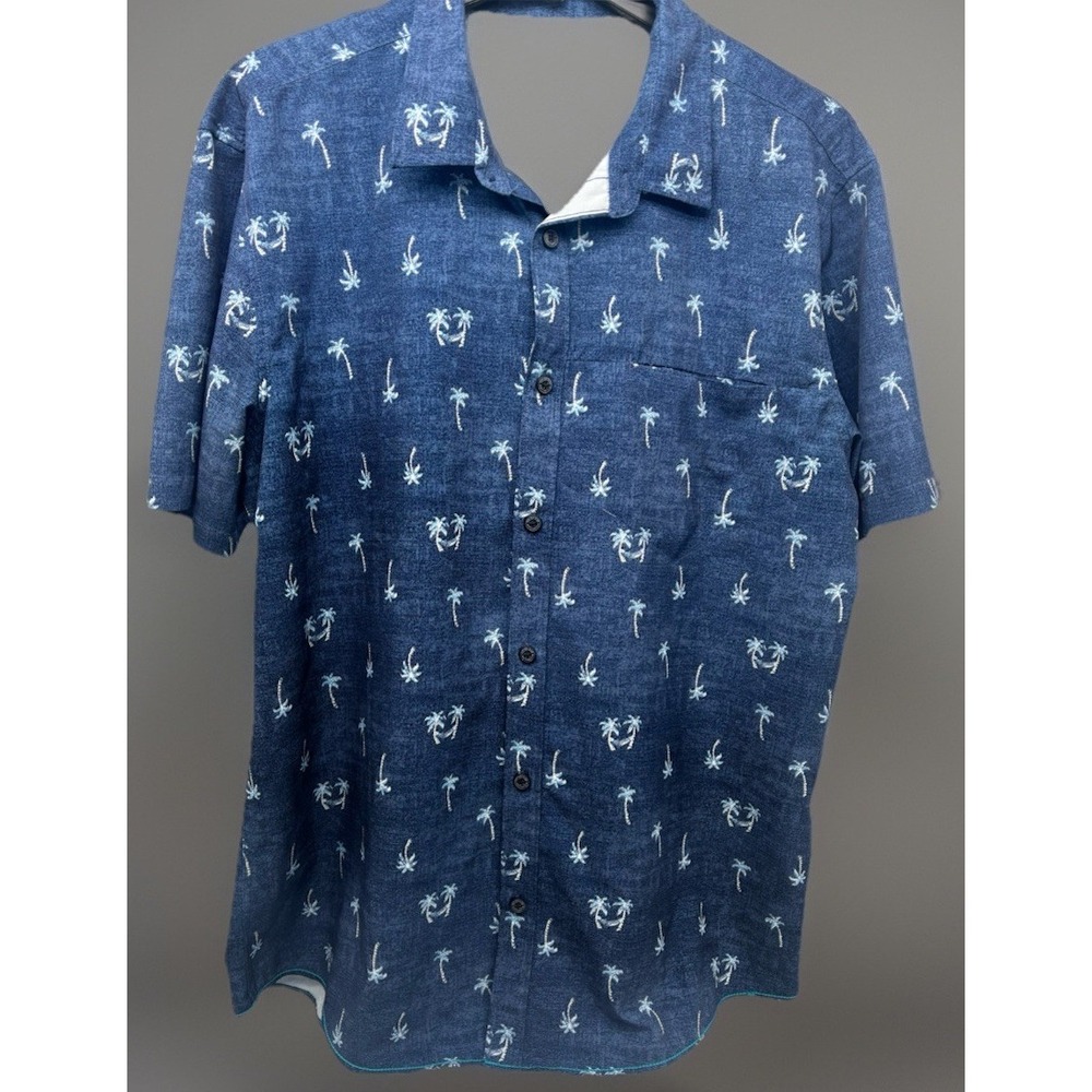 ProjekRaw Men's XL Short Sleeve Button-Up Shirt Blue White Palm Pockets Beach
